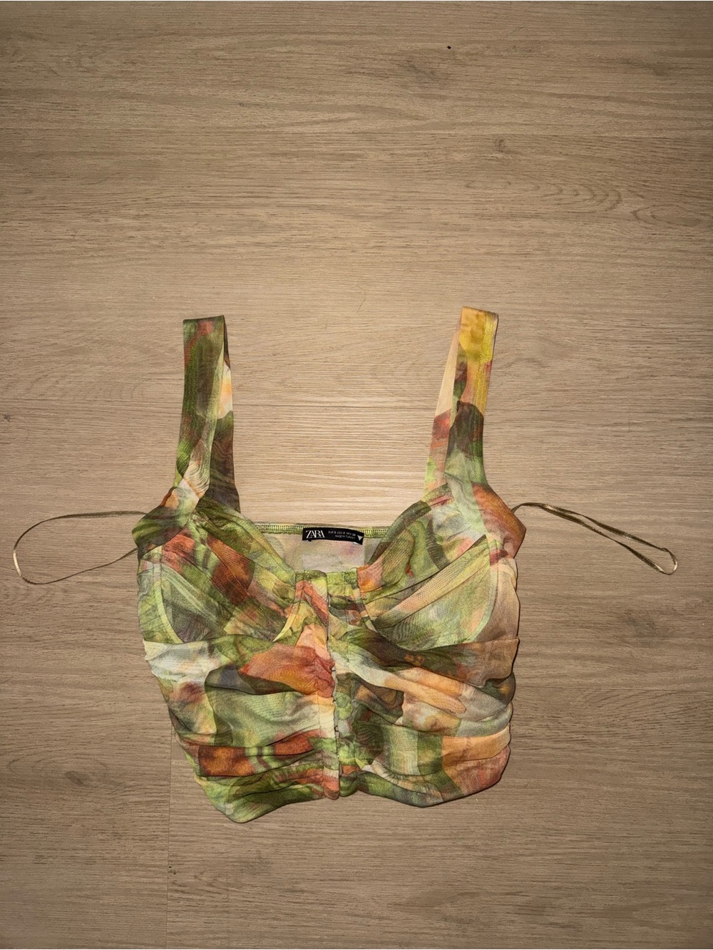 Zara Multicolor Sheer Crop Top in Green and Orange Tones